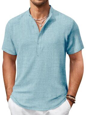 Men's Light Ice Blue Casual Henley Shirt Short Sleeve Linen Beach Summer Tops